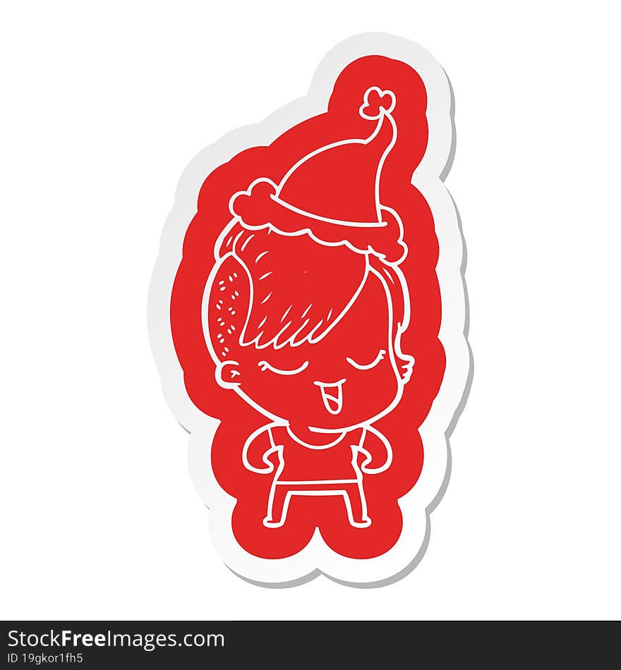 happy cartoon  sticker of a girl wearing santa hat