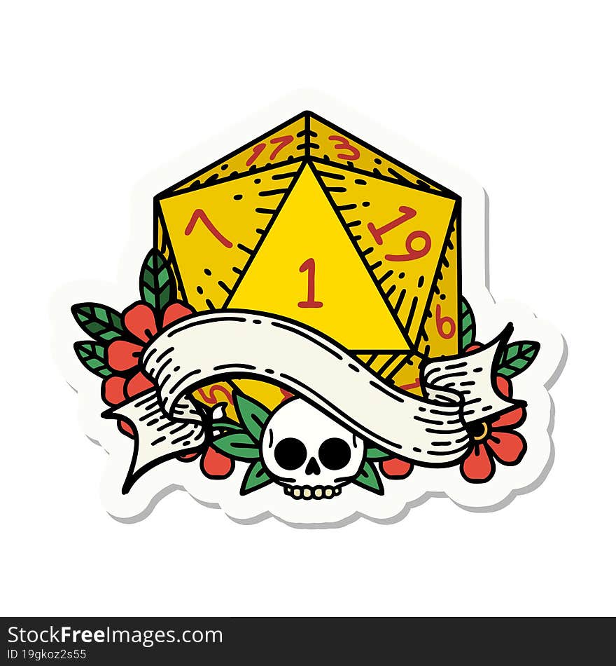 sticker of a natural one d20 dice roll. sticker of a natural one d20 dice roll