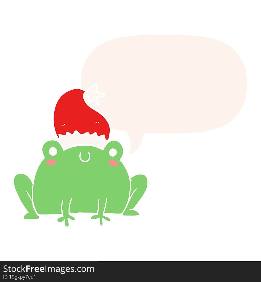 cute cartoon christmas frog with speech bubble in retro style