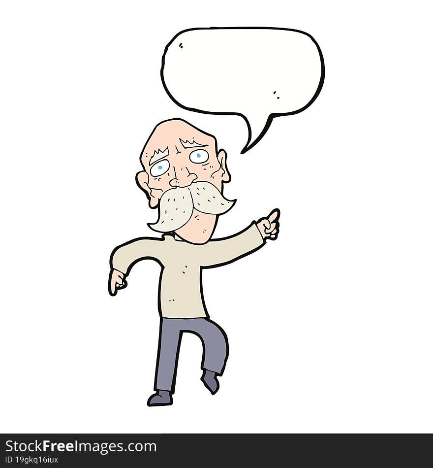 cartoon sad old man pointing with speech bubble