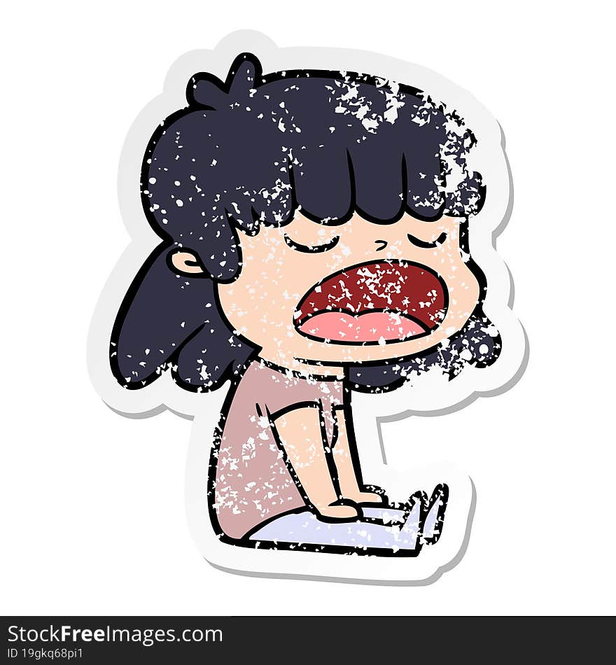 distressed sticker of a cartoon woman talking loudly