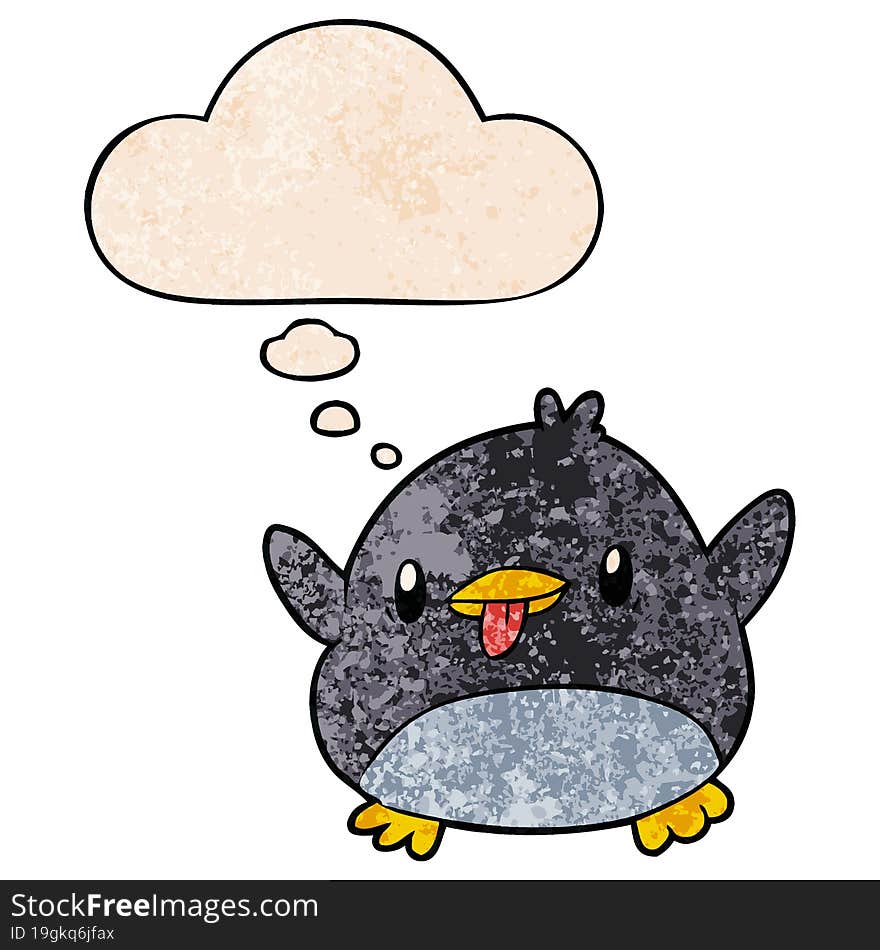 cute cartoon penguin and thought bubble in grunge texture pattern style