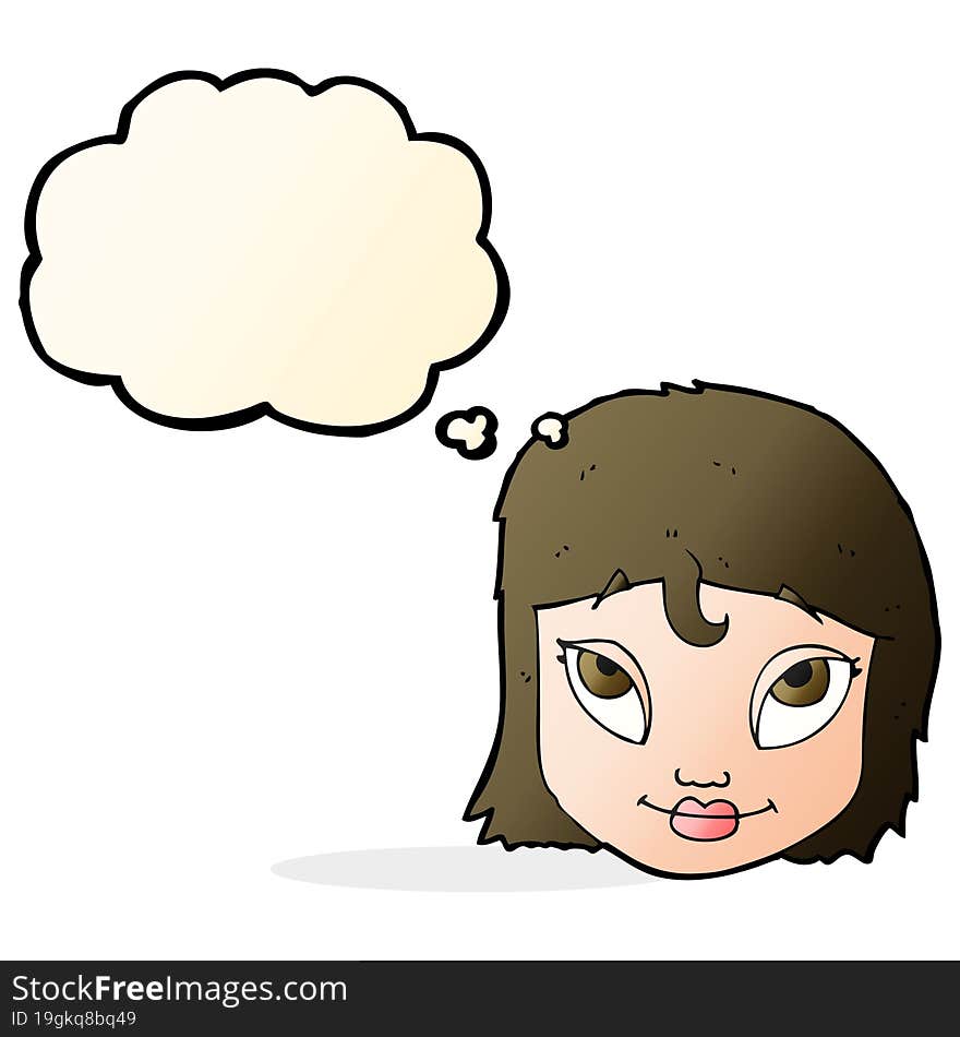 cartoon woman smiling with thought bubble