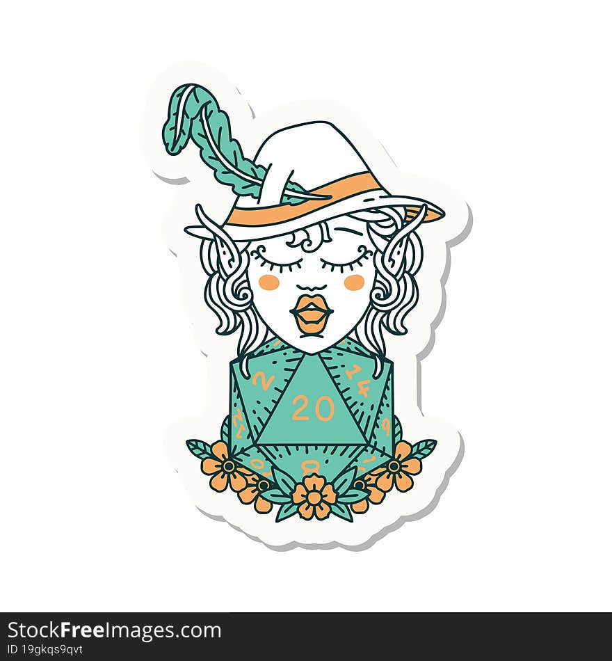 Elf Bard Character With Natural Twenty Dice Roll Sticker