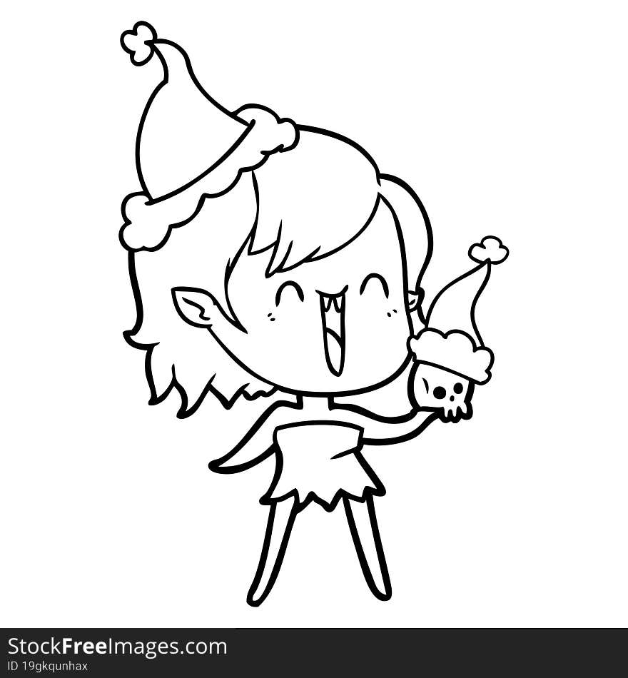 Cute Line Drawing Of A Happy Vampire Girl Wearing Santa Hat