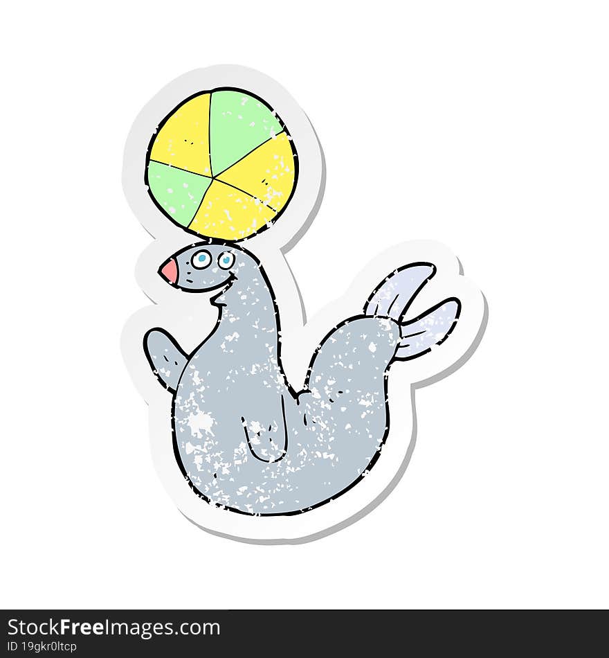 retro distressed sticker of a cartoon seal balancing ball