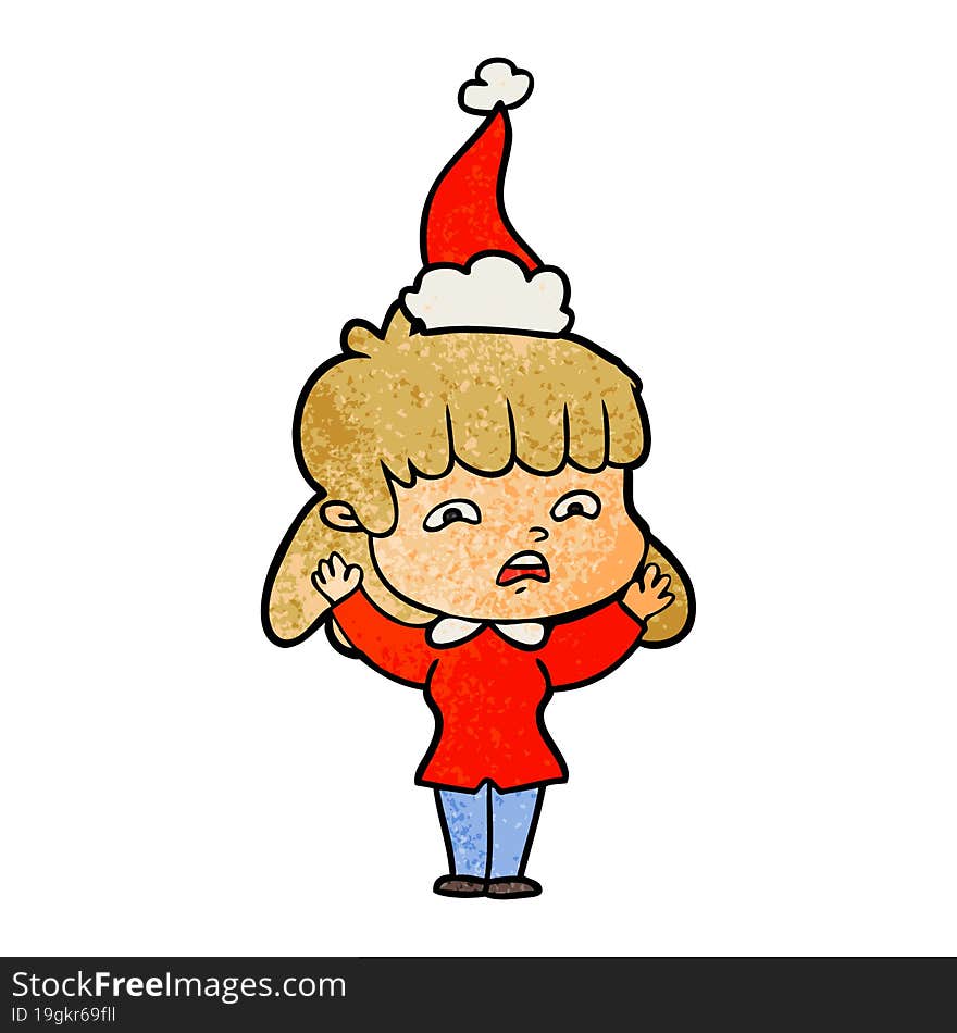 Textured Cartoon Of A Worried Woman Wearing Santa Hat