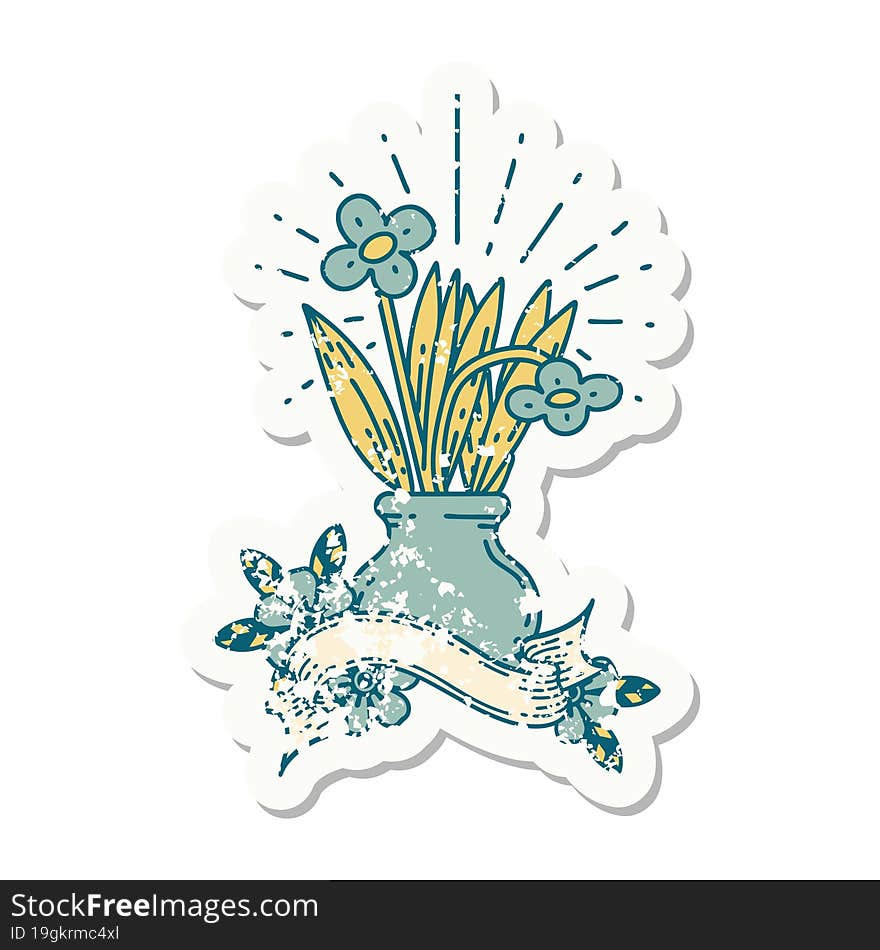 grunge sticker of tattoo style flowers in vase