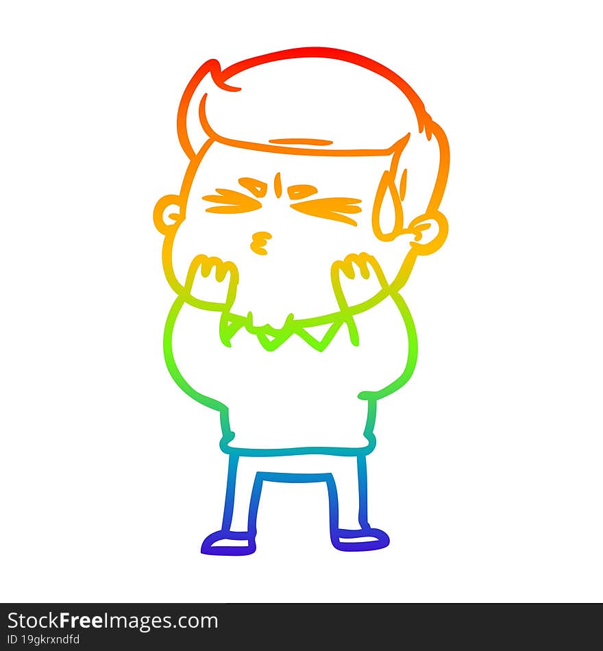 rainbow gradient line drawing cartoon man sweating