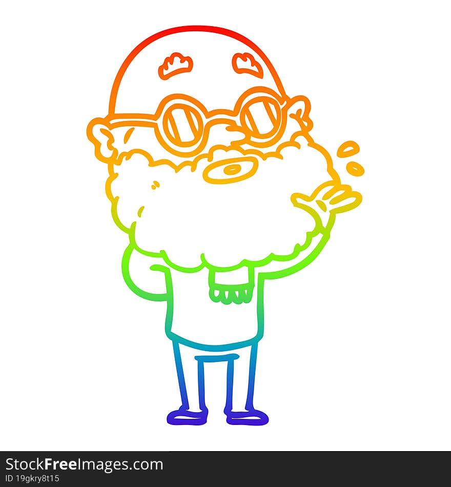 rainbow gradient line drawing cartoon curious man with beard and sunglasses