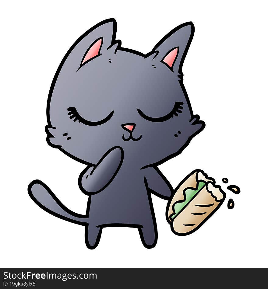 calm cartoon cat considering sharing a baguette. calm cartoon cat considering sharing a baguette