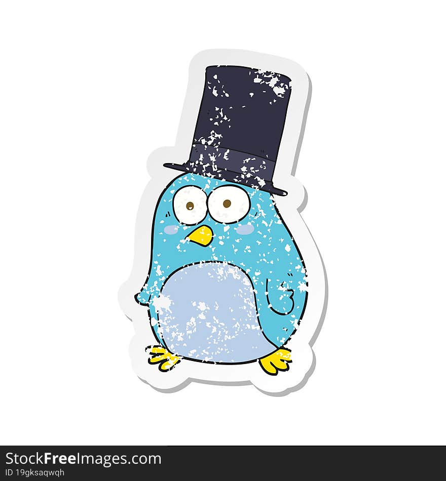 Retro Distressed Sticker Of A Cartoon Bird Wearing Top Hat