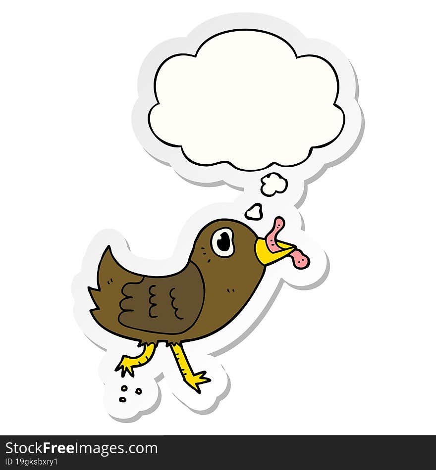 cartoon bird with worm with thought bubble as a printed sticker