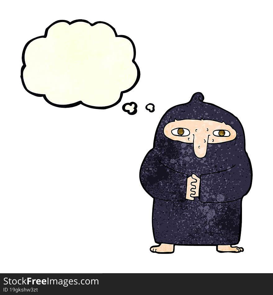 cartoon monk in robe with thought bubble