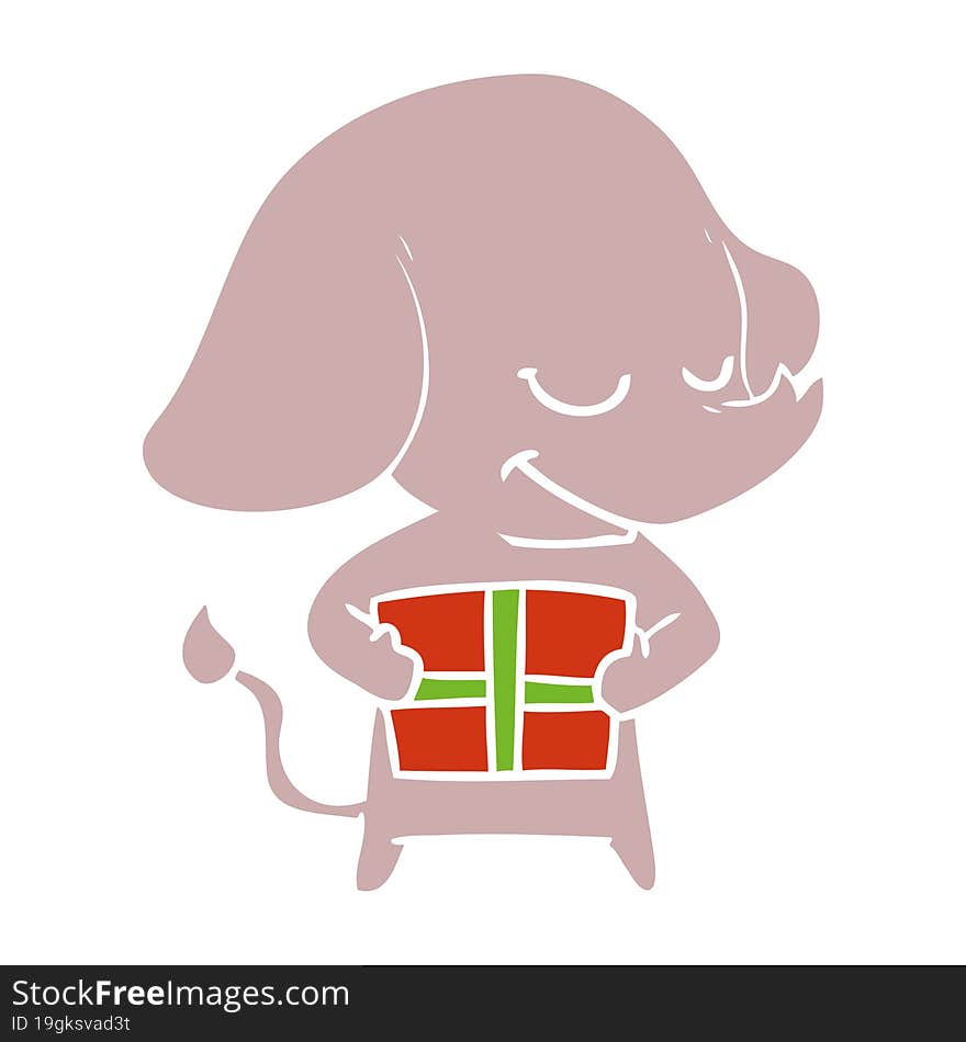 flat color style cartoon smiling elephant with present