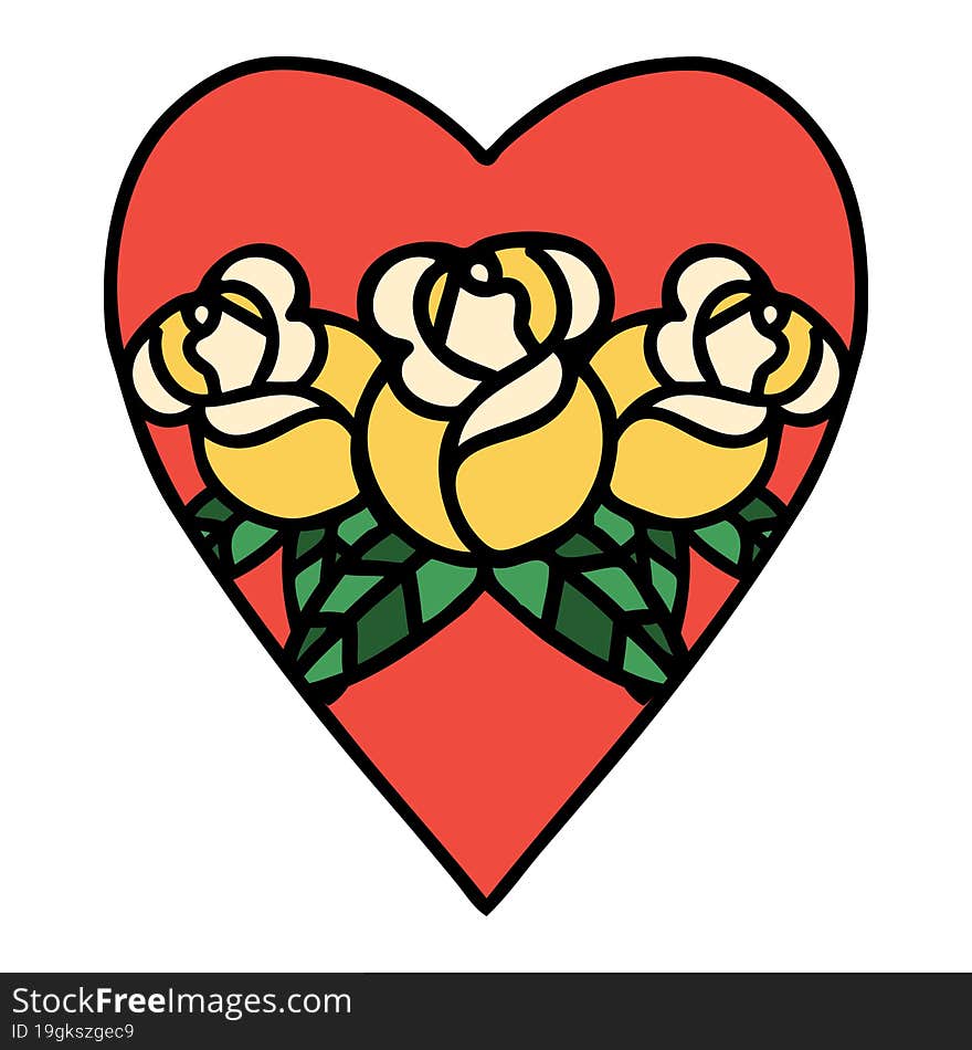 tattoo in traditional style of a heart and flowers. tattoo in traditional style of a heart and flowers