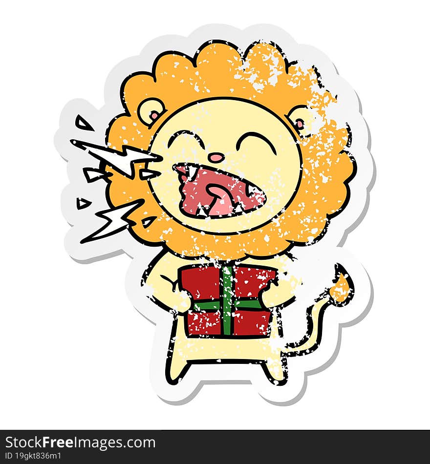 distressed sticker of a cartoon roaring lion with gift