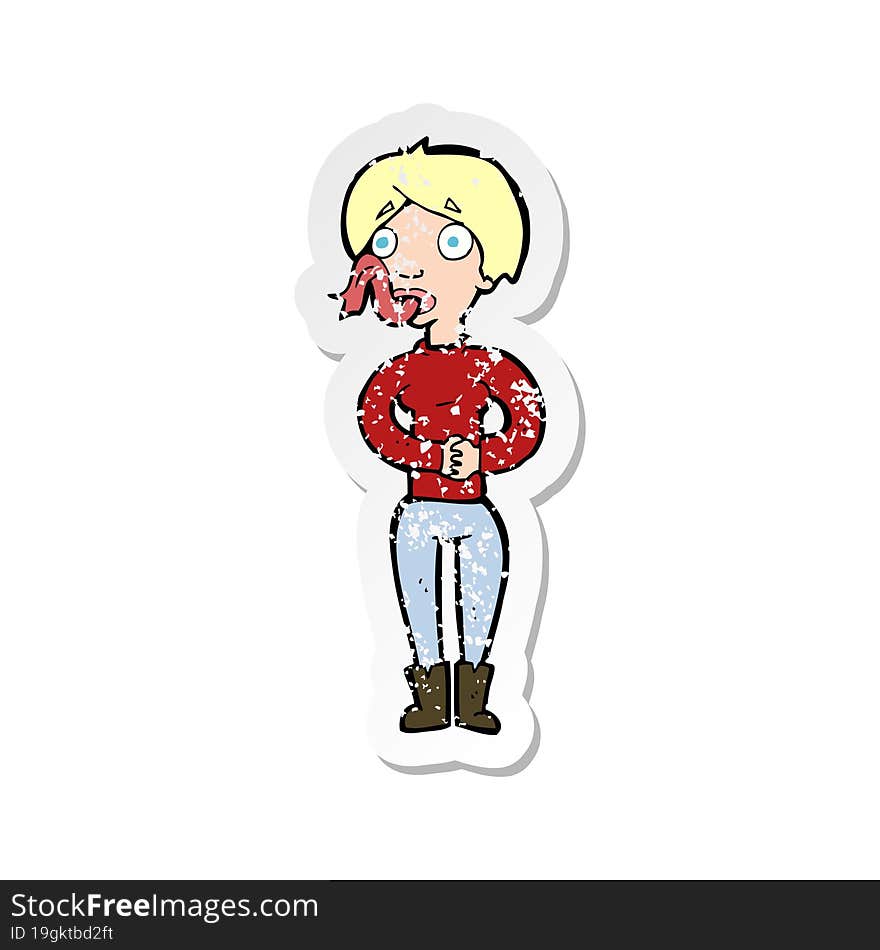 retro distressed sticker of a cartoon woman with snake tongue