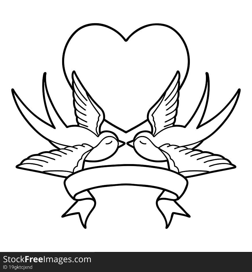 traditional black linework tattoo with banner of swallows and a heart. traditional black linework tattoo with banner of swallows and a heart