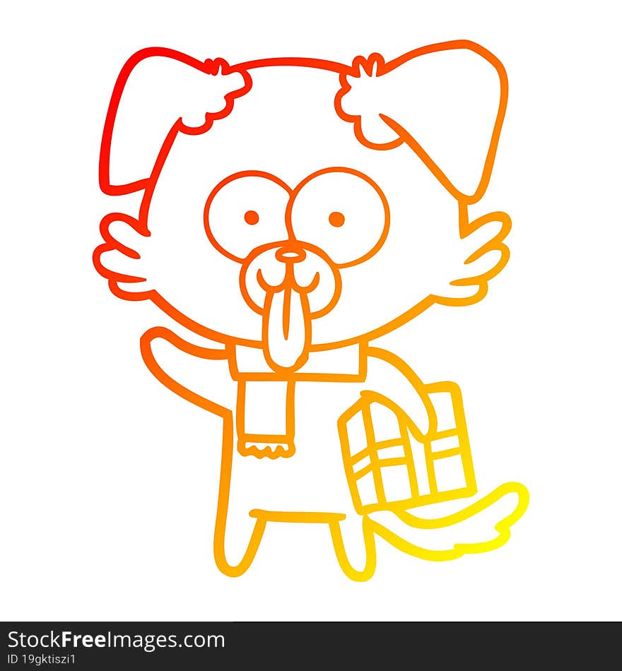 warm gradient line drawing of a cartoon dog with christmas present