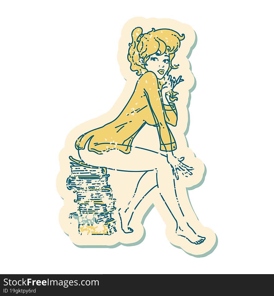 distressed sticker tattoo style icon  of a pinup girl sitting on books