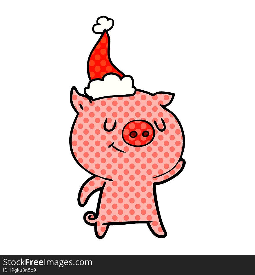 Happy Comic Book Style Illustration Of A Pig Wearing Santa Hat