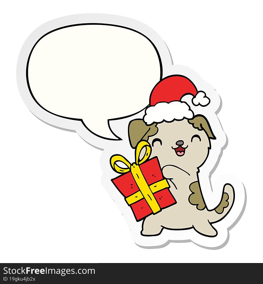 cute cartoon puppy and christmas present and hat and speech bubble sticker