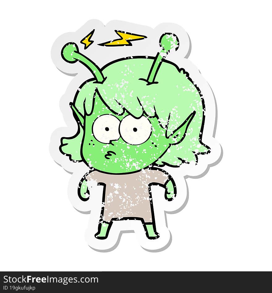 distressed sticker of a cartoon alien girl