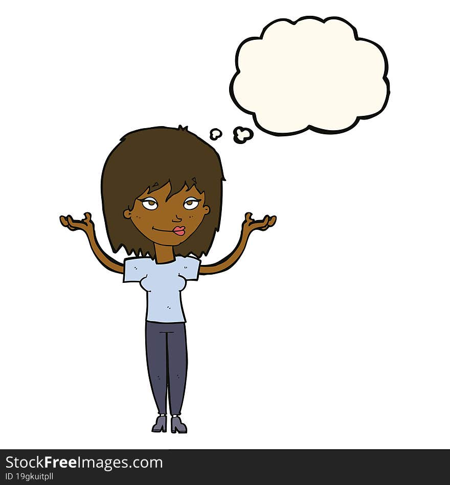 cartoon woman shrugging with thought bubble