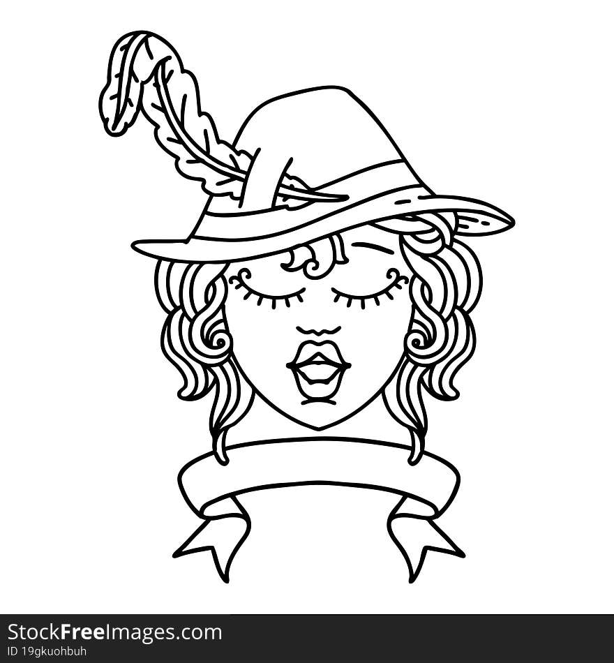 Black and White Tattoo linework Style human singing bard character with banner. Black and White Tattoo linework Style human singing bard character with banner