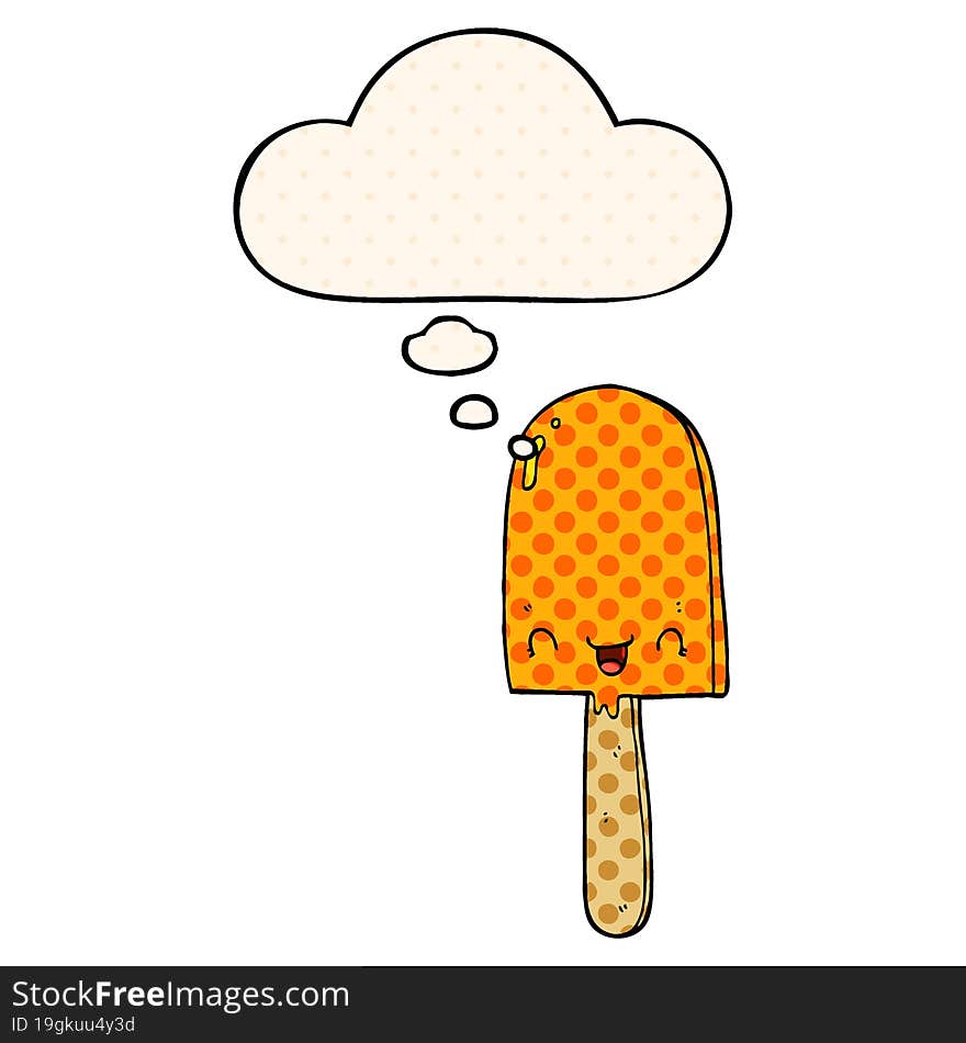 cartoon ice lolly with thought bubble in comic book style