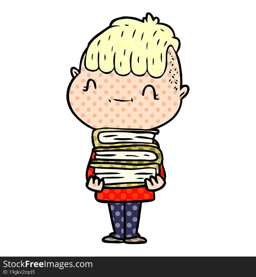 cartoon friendly boy with books. cartoon friendly boy with books