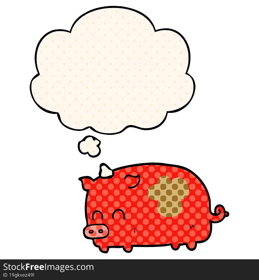 cute cartoon pig and thought bubble in comic book style