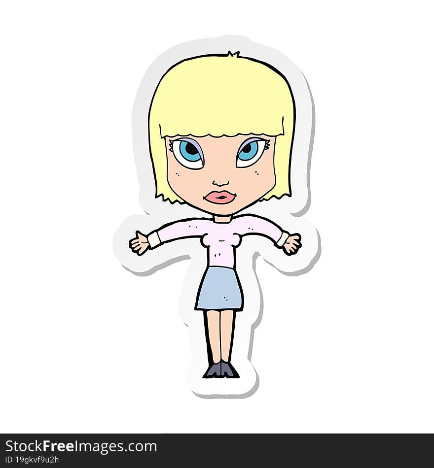 sticker of a cartoon woman shrugging