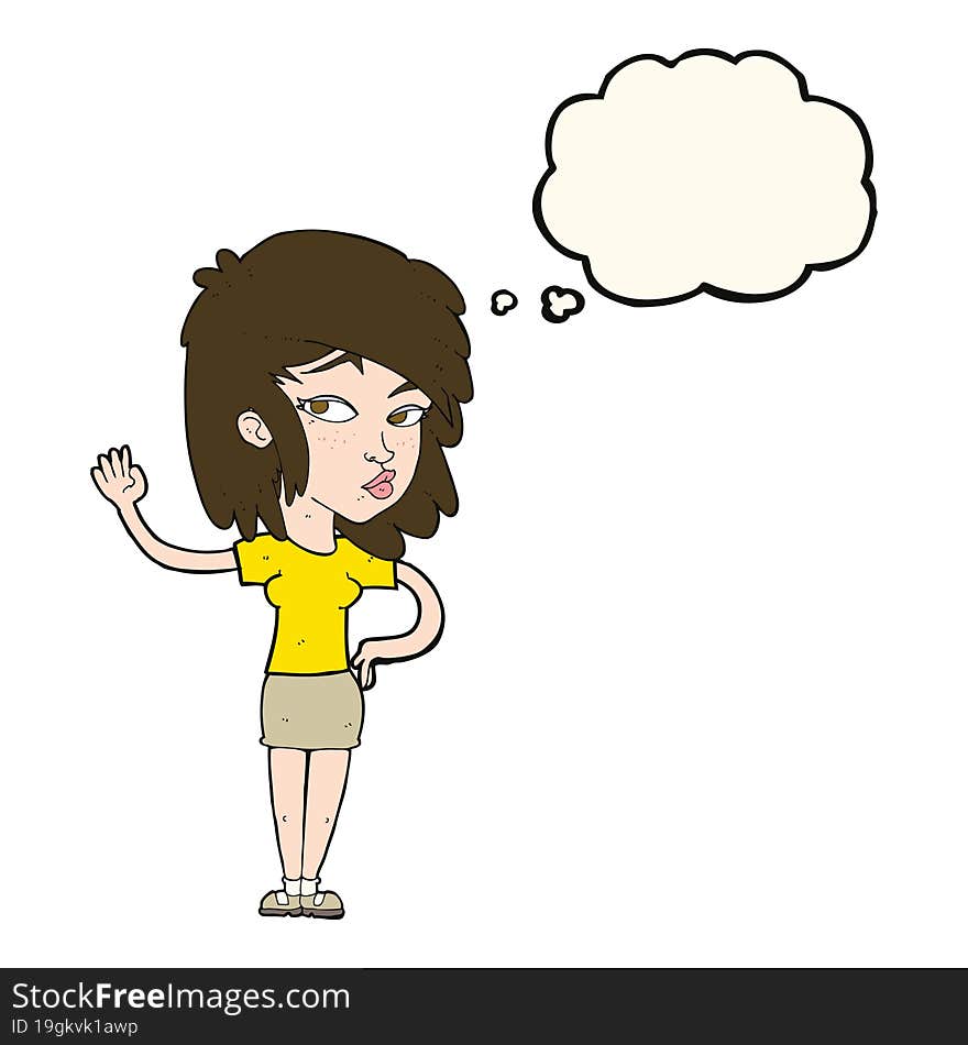 cartoon pretty woman waving with thought bubble