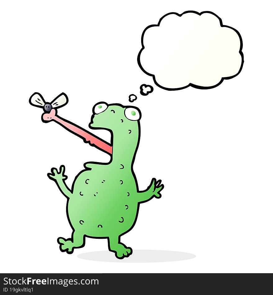 cartoon frog catching fly with thought bubble