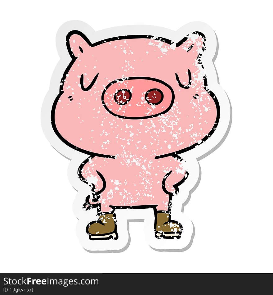 distressed sticker of a cartoon pig wearing boots