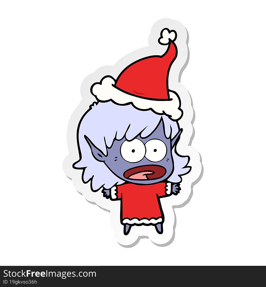 Sticker Cartoon Of A Shocked Elf Girl Wearing Santa Hat