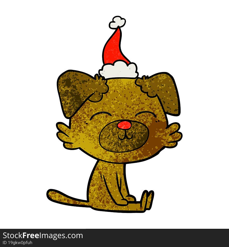 hand drawn textured cartoon of a dog wearing santa hat