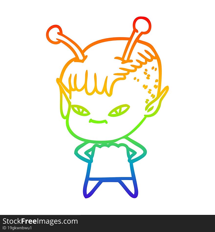 rainbow gradient line drawing of a cute cartoon alien girl