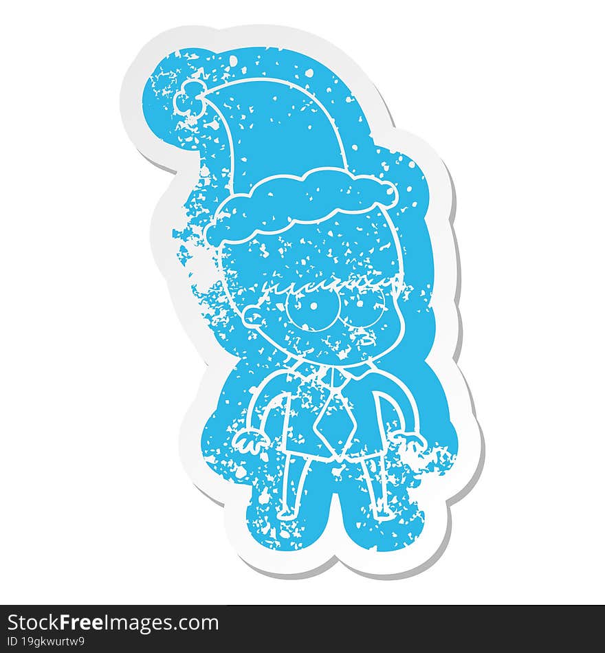 nervous cartoon distressed sticker of a boy wearing shirt and tie wearing santa hat