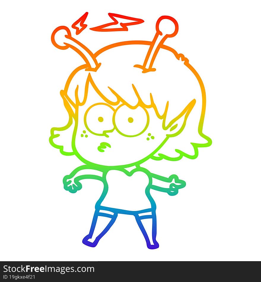 rainbow gradient line drawing of a cartoon alien girl