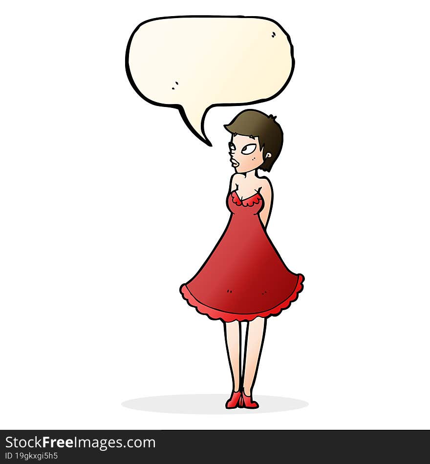 cartoon pretty woman in dress with speech bubble