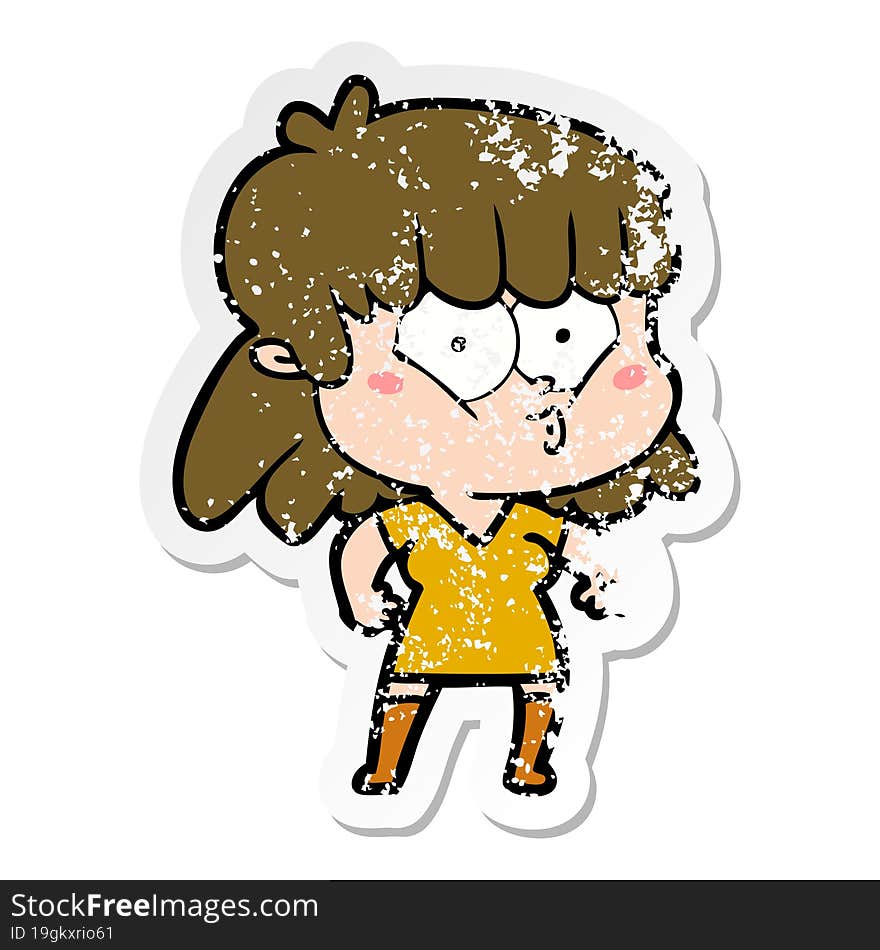 distressed sticker of a cartoon whistling girl