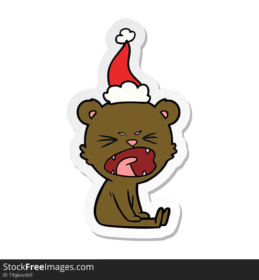 angry sticker cartoon of a bear wearing santa hat