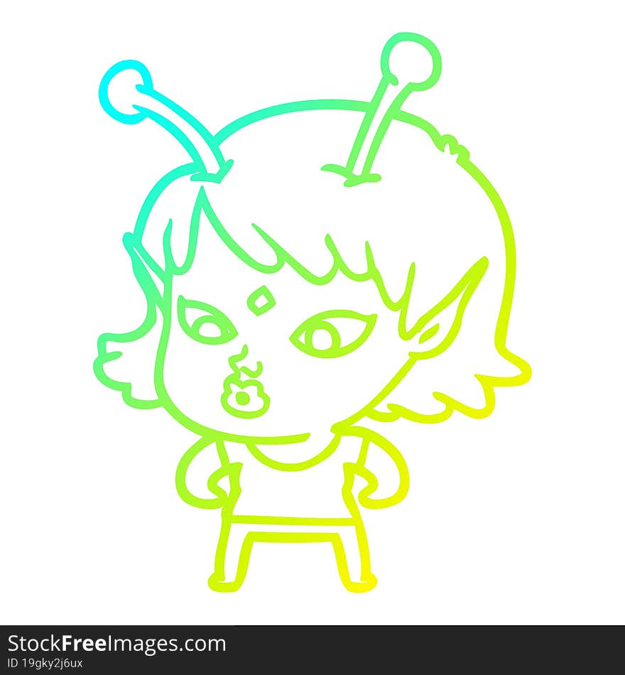 cold gradient line drawing pretty cartoon alien girl