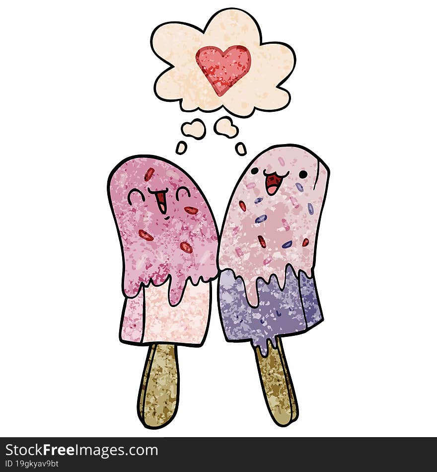 cartoon ice lolly in love with thought bubble in grunge texture style. cartoon ice lolly in love with thought bubble in grunge texture style