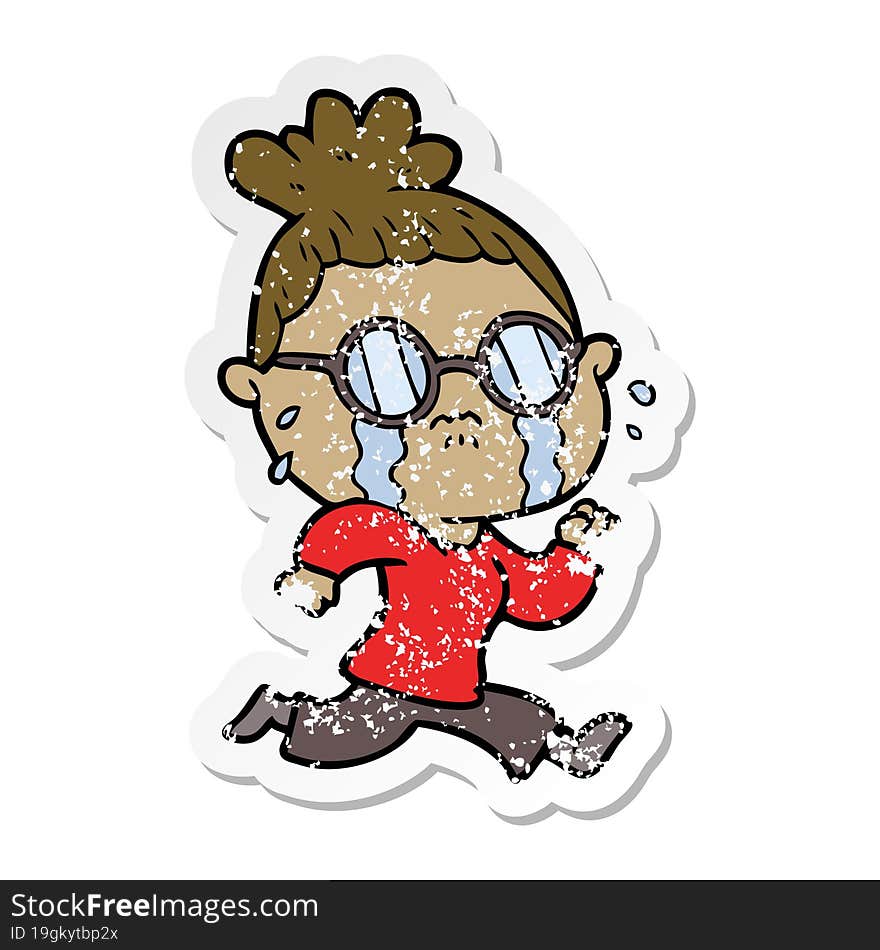 distressed sticker of a cartoon crying woman wearing spectacles