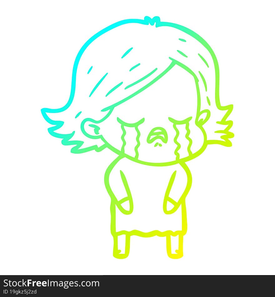 cold gradient line drawing of a cartoon girl crying