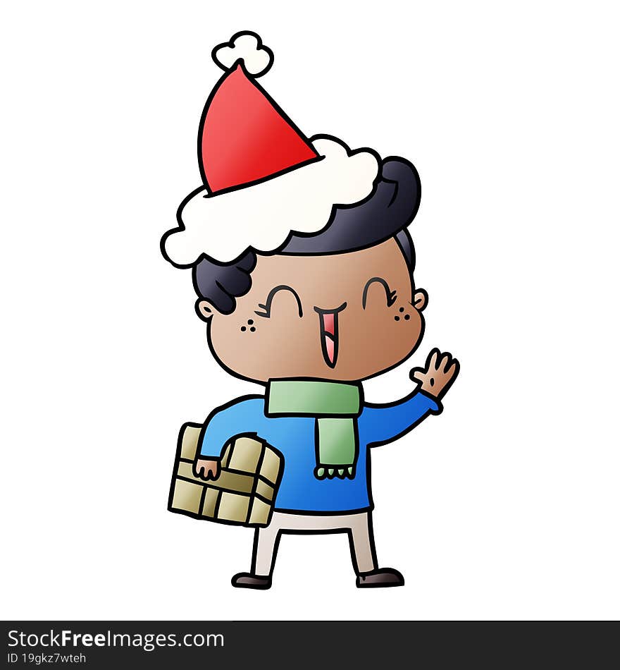 gradient cartoon of a laughing boy wearing santa hat